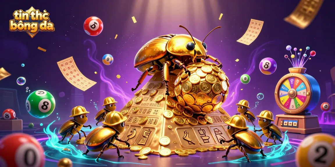 Engaging tin tức bóng đá scene showcases a golden dung beetle amidst dynamic lottery elements.
