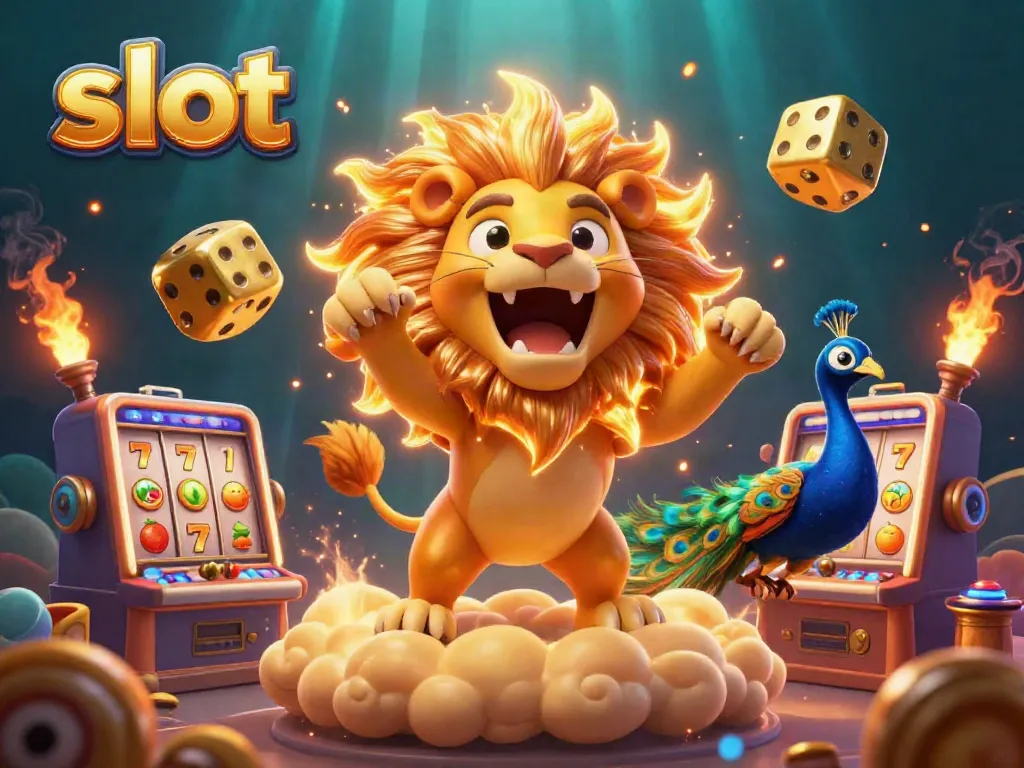 Slot yang mengasyikkan dengan karakter singa dan mesin slot bersinar, penuh energi dan detail.
