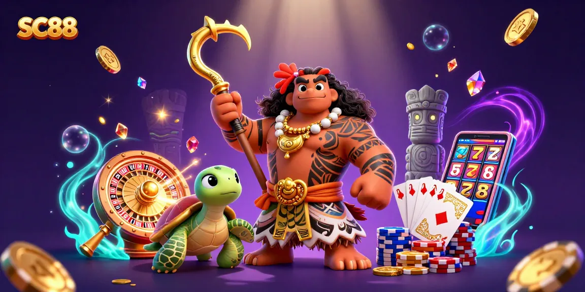 Play exciting casino games at SC88, featuring vibrant visuals of cascading coins and captivating characters.