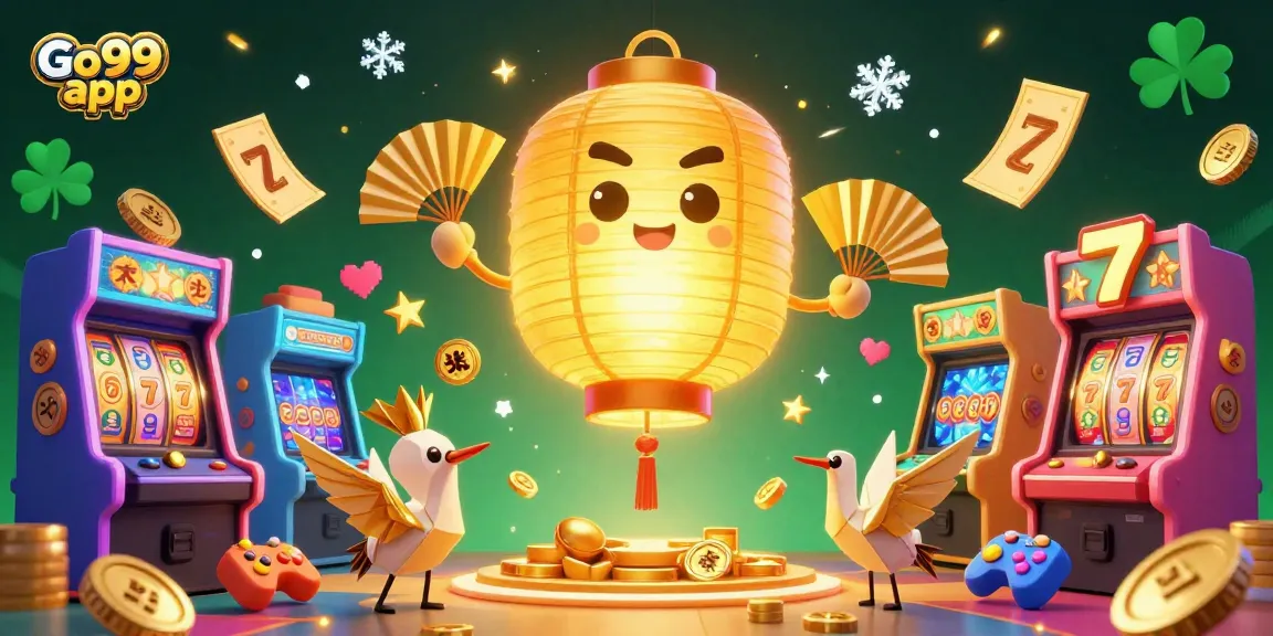 Experience the vibrant universe of Go99 app, featuring dynamic casino gaming elements like colorful arcade machines and glowing symbols.