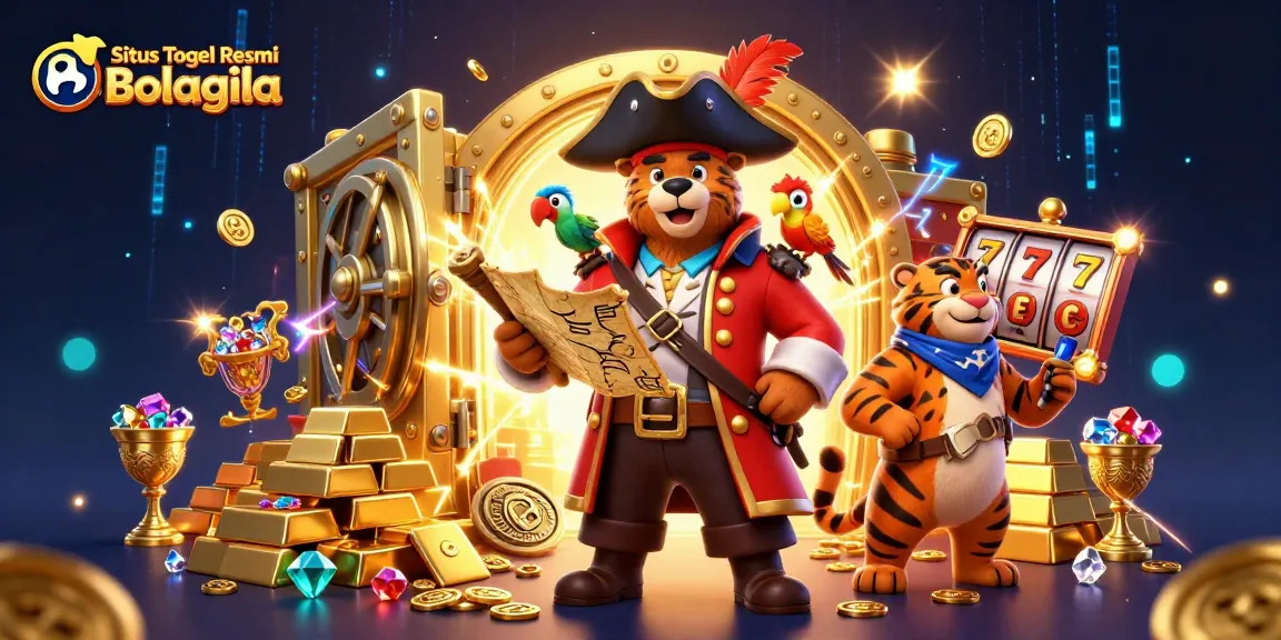 Situs Togel Resmi Bolagila menampilkan ilustrasi digital 3D dengan karakter lucu dan elemen kasino yang kaya.