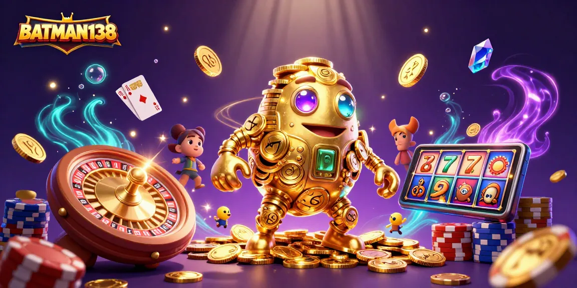 Spin to win at BATMAN138 with an exciting 3D casino scene of golden golem and spinning roulette.