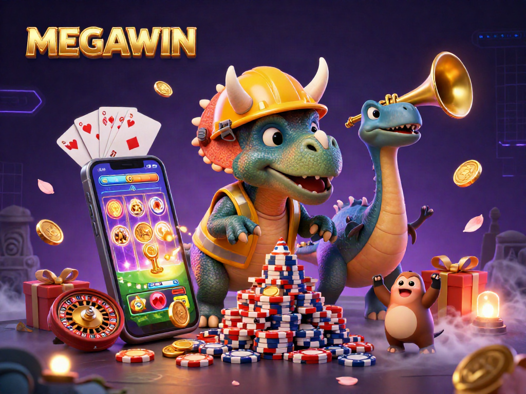Experience MEGAWIN excitement as a triceratops builds chips, celebrating with vibrant gaming elements.