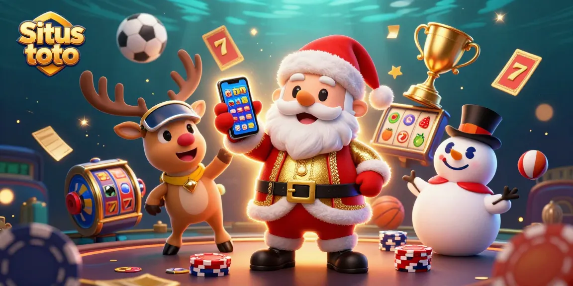 Situs toto brings excitement as cartoon Santa and friends delight in jackpot wins at a lively casino.