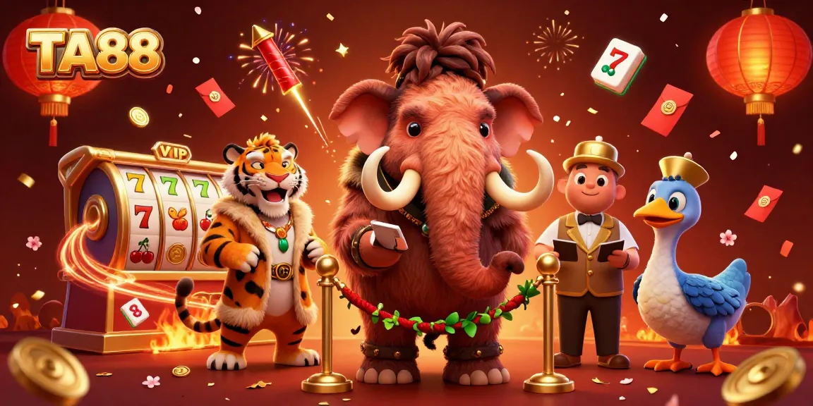 TA88 casino scene featuring a woolly mammoth bouncer, saber-tooth tiger VIP, and slot reels.
