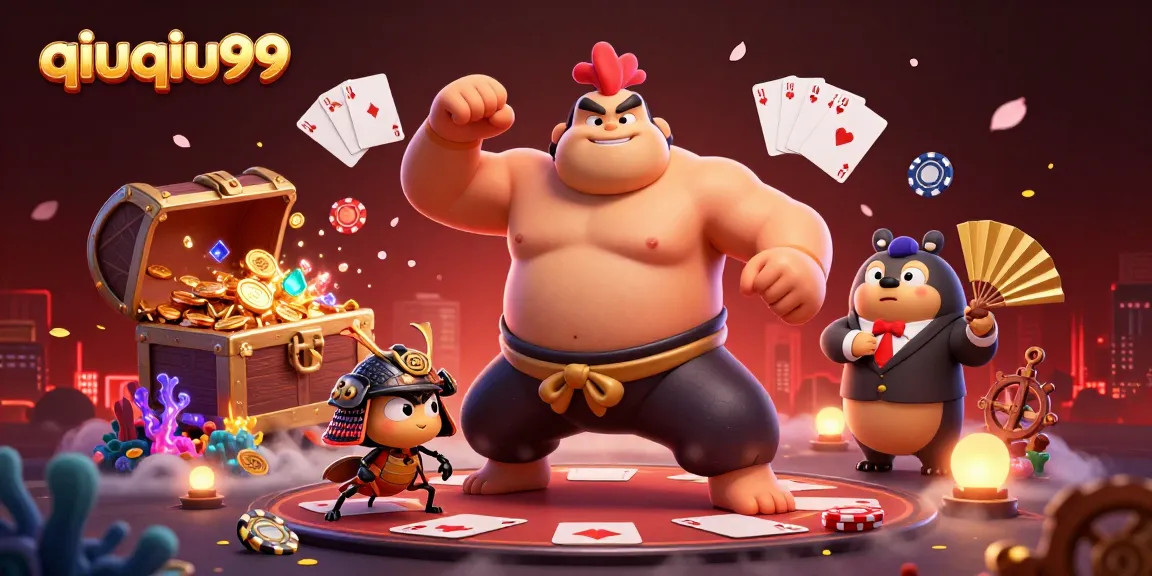 Get ready to win with QiuQiu99 in this dynamic poker-themed illustration featuring engaging game elements.