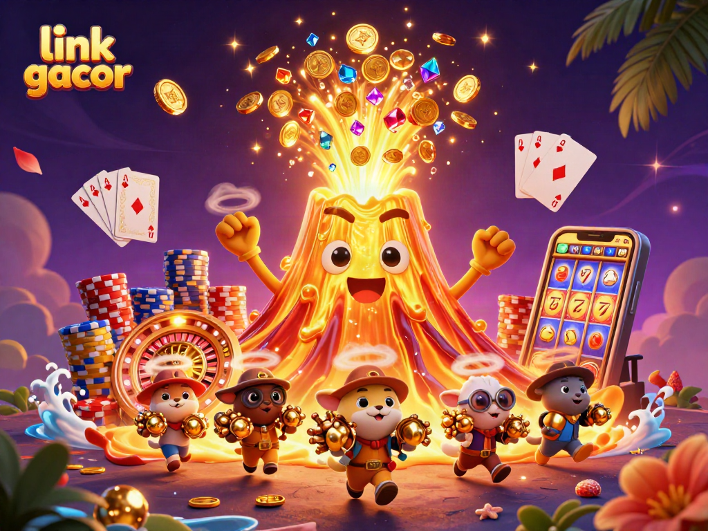 Engage with link gacor in a vibrant 3D casino scene filled with coins, gems, and thrilling game elements.