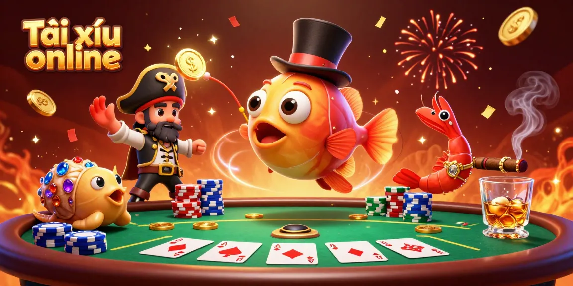 Experience thrilling Tài xỉu online action with 3D characters and casino elements in a vibrant illustration.
