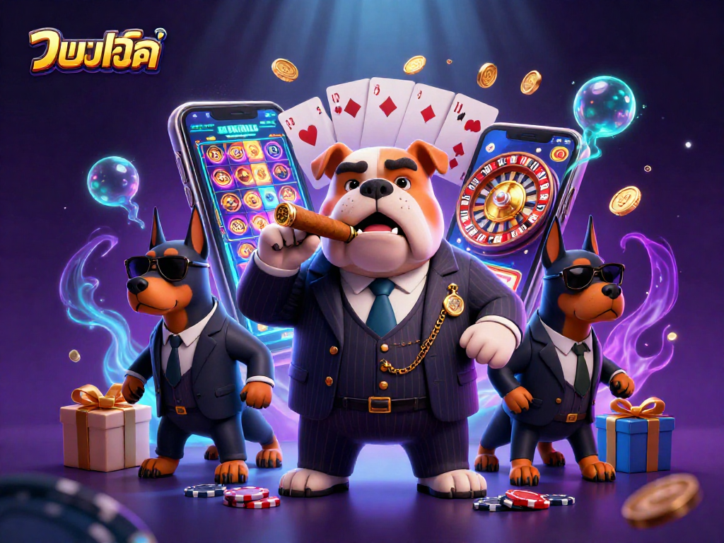 Experience thrilling แทงบอลสด action with a vibrant cartoon scene showcasing a mafia bulldog boss and sleek Doberman bodyguards.