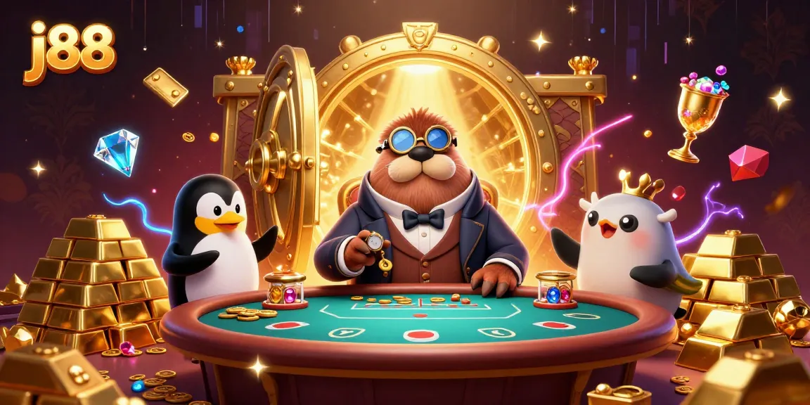 Experience the thrill of j88 gambling with a walrus and penguin at a dynamic poker table.