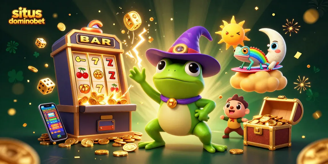Permainan slot gacor situs dominobet dengan wizard frog dan chameleon berkelap-kelap di tumpukan koin.