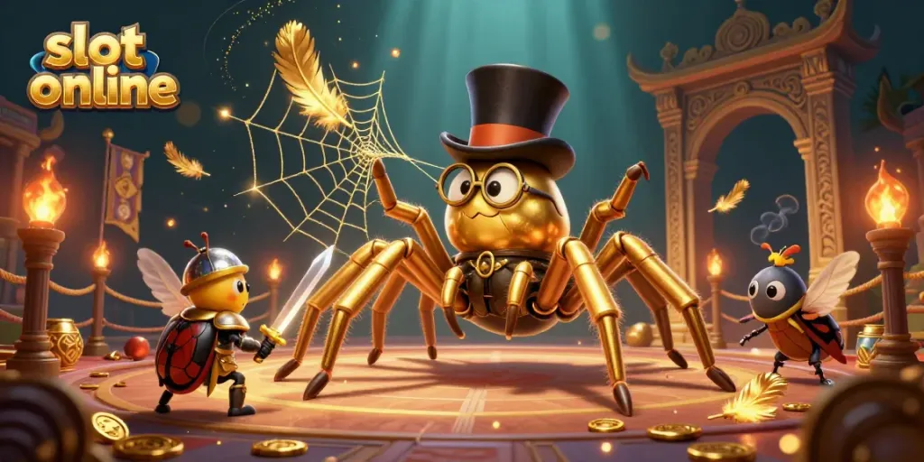 Experience dynamic action in this slot online themed illustration featuring a golden tarantula, a beetle knight, and moth spectators.