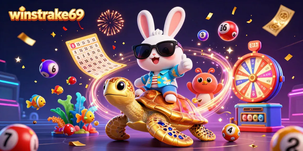Join the fun with winstrike69 as a lucky rabbit and golden turtle celebrate in a vibrant casino scene.