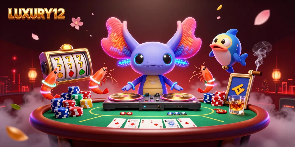 LUXURY12 brings casino excitement with a neon axolotl DJ and vibrant slot games.