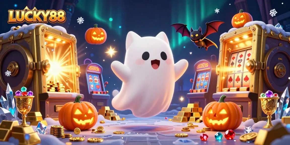 Experience LUCKY88's vibrant haunted casino scene with ghost cat and treasures.