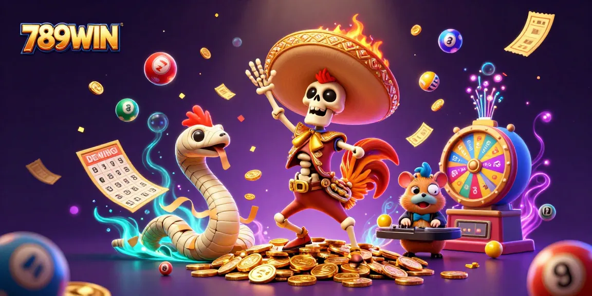 Join the fun at 789WIN with a lively illustration of a rooster, mummy, and DJ celebrating a jackpot!