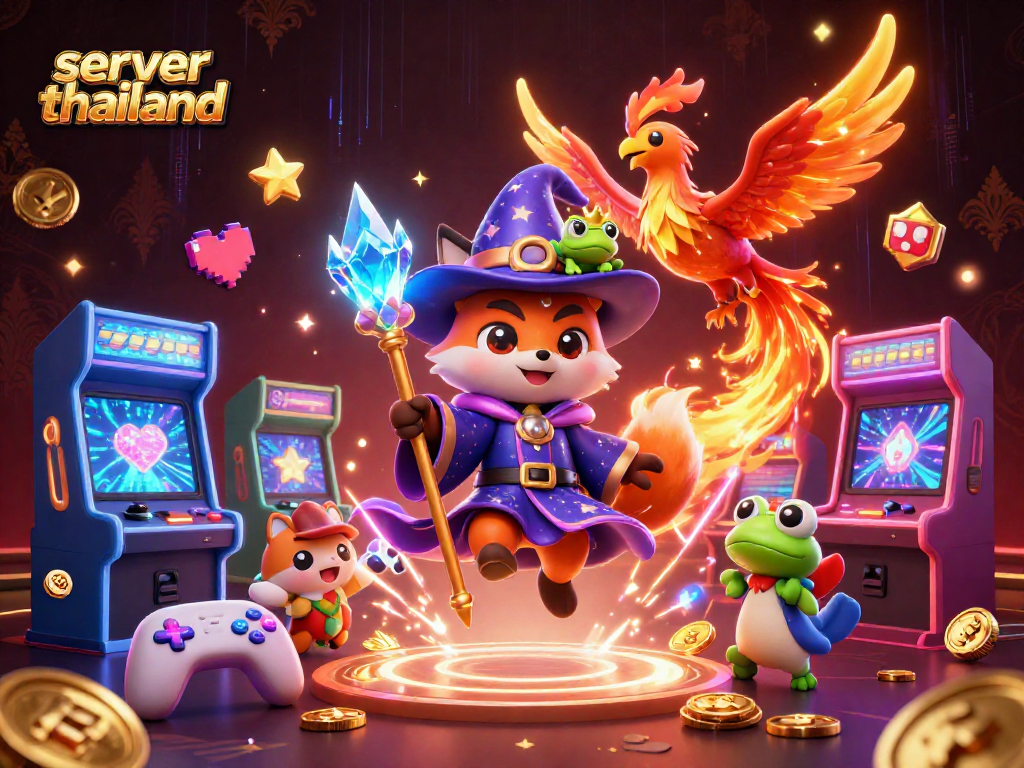 Experience thrilling wins with server thailand, featuring rich game elements and dynamic characters in a 3D illustration.