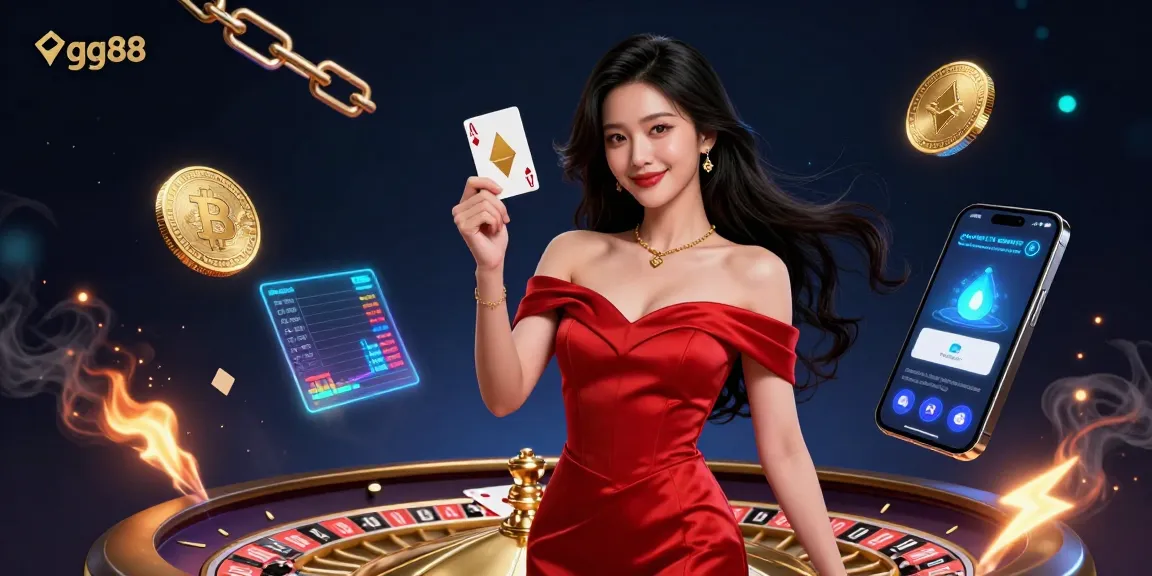 Engage with gg88 as a young Asian woman showcases stunning casino elements and golden cards.