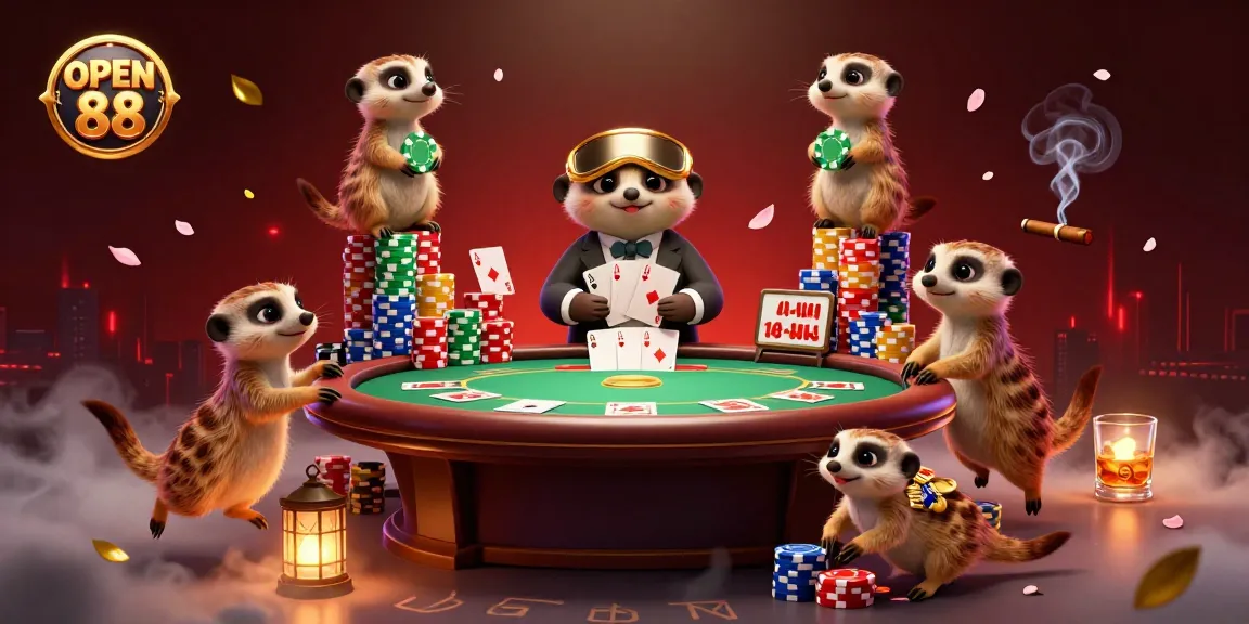 Engaging scene of meerkats operating a vibrant casino showcasing OPEN 88 poker elements and dynamic atmosphere.