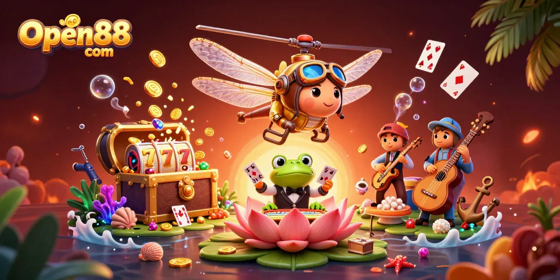 Experience the vibrant world of Open88 com with a dragonfly pilot and frog croupier in this dynamic casino scene.