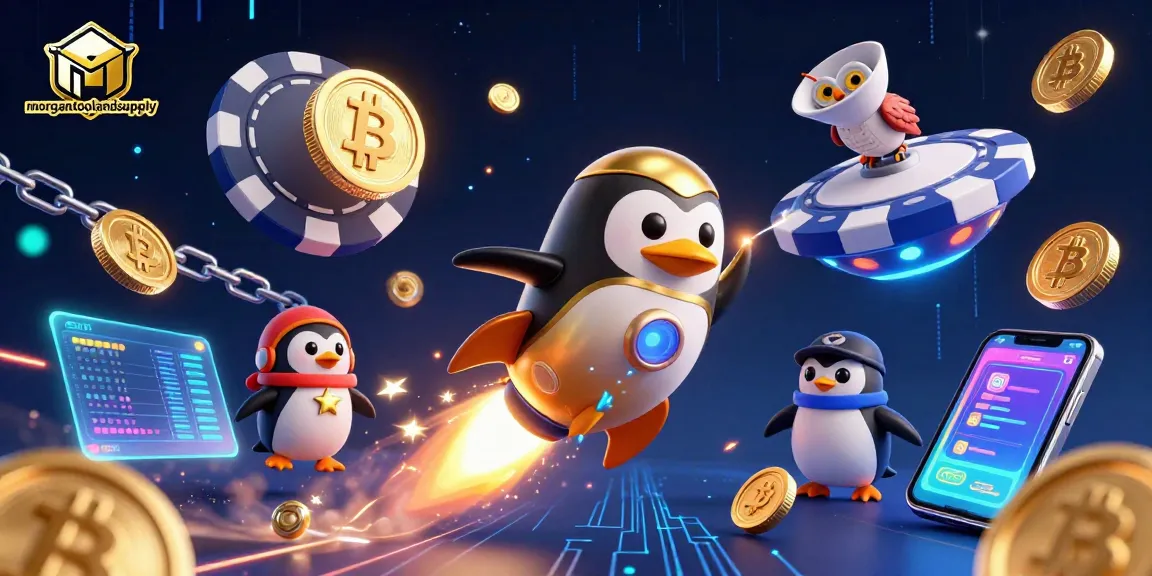 Spin slots at morgantoolandsupply with a golden penguin and poker chip casino in vibrant space.