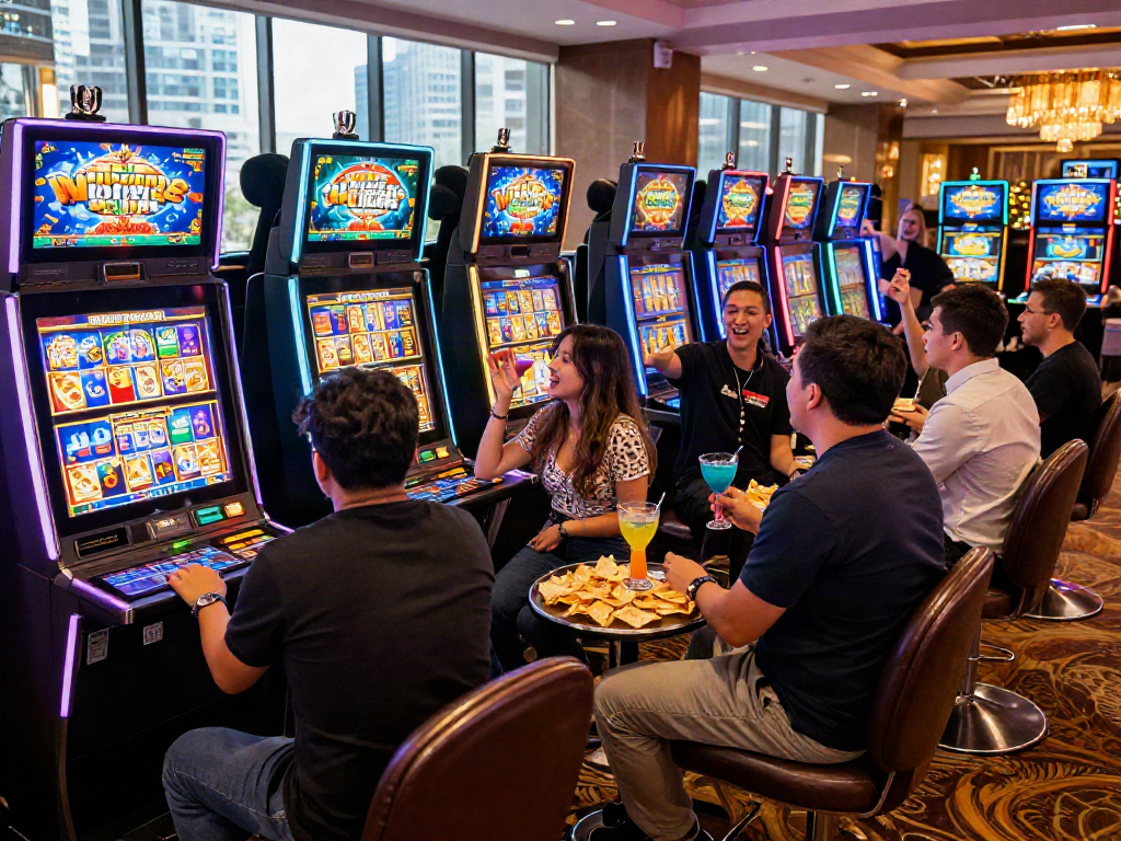 Bandar slot machines in action with players celebrating wins in a vibrant casino setting.