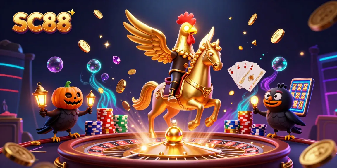 Join the SC88 experience with a golden rooster headless horseman in a vibrant casino scene, winning big!