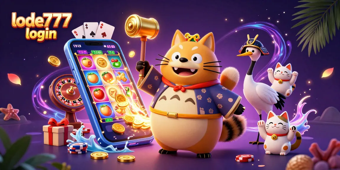 Join the excitement of lode777 login with a lively scene showcasing slot games and fortune symbols!