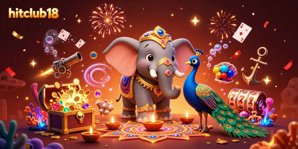 Experience the thrilling games at hitclub18 with vibrant visuals of an elephant, peacock, and sparkling casino elements.