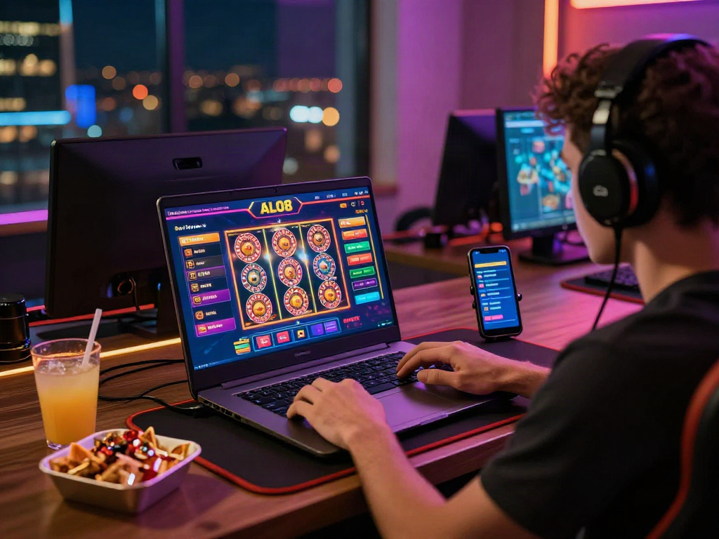 Engaged user enjoying ALO8 online gambling platform with vibrant game graphics