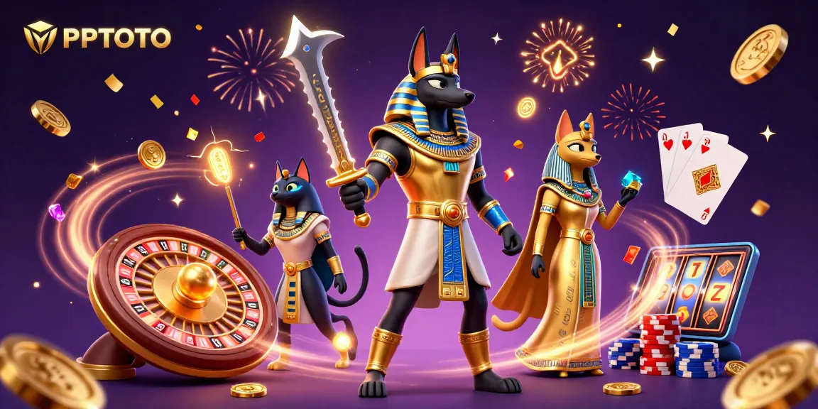 PPTOTO menampilkan adegan kasino yang mendebarkan dengan Anubis, Bastet, dan simbol keberuntungan.