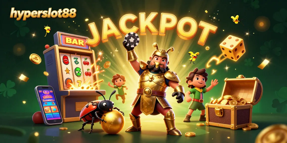 Engage with hyperslot88's vibrant jackpot scene featuring playful beetles and winning casino elements.