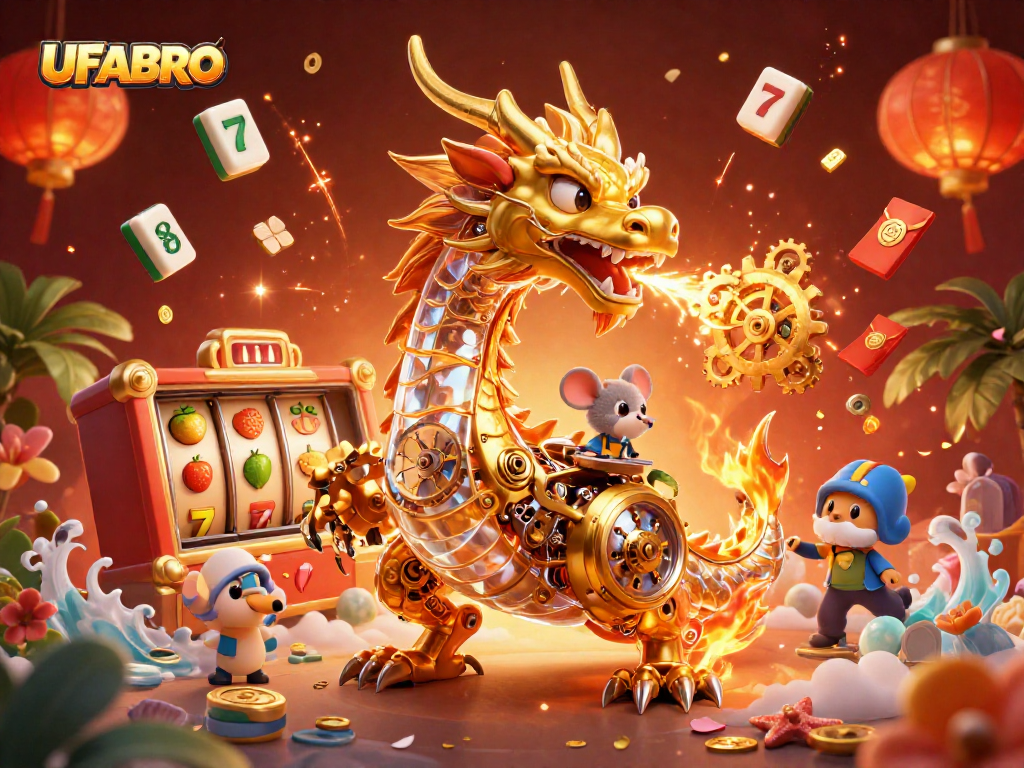 Win big at UFABRO as a golden dragon breathes gears amidst spinning slot machines and vibrant casino elements.