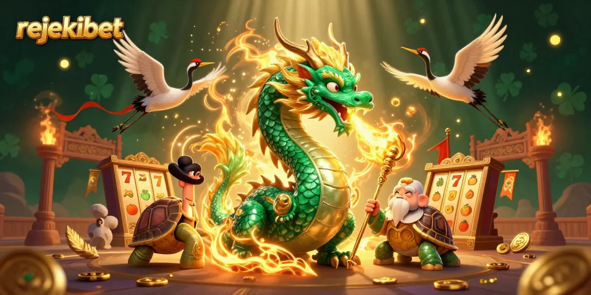 Experience thrilling gameplay with rejekibet, featuring a jade dragon, turtle sage, and lucky cranes in a dynamic casino atmosphere.