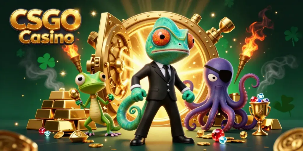 A vibrant scene depicting a colorful CSGO Casino illustration featuring a chameleon agent, gadget gecko, and an octopus in a vault of gold.