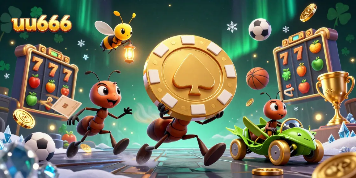 The team of ants at uu666 conducts a heist with a giant poker chip amid dynamic jackpot slots and sports elements.