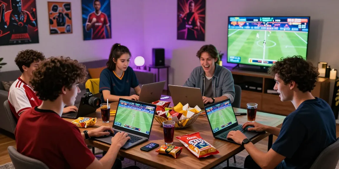 Friends enjoying link red88 gaming experience in a lively living room with live sports updates and vibrant decor.