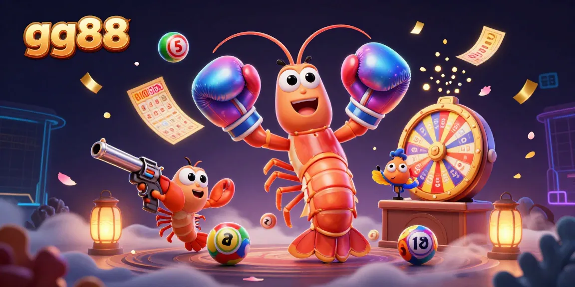 Engage with the action of gg88's lottery environment featuring vibrant characters, flying lottery balls, and dynamic game elements.