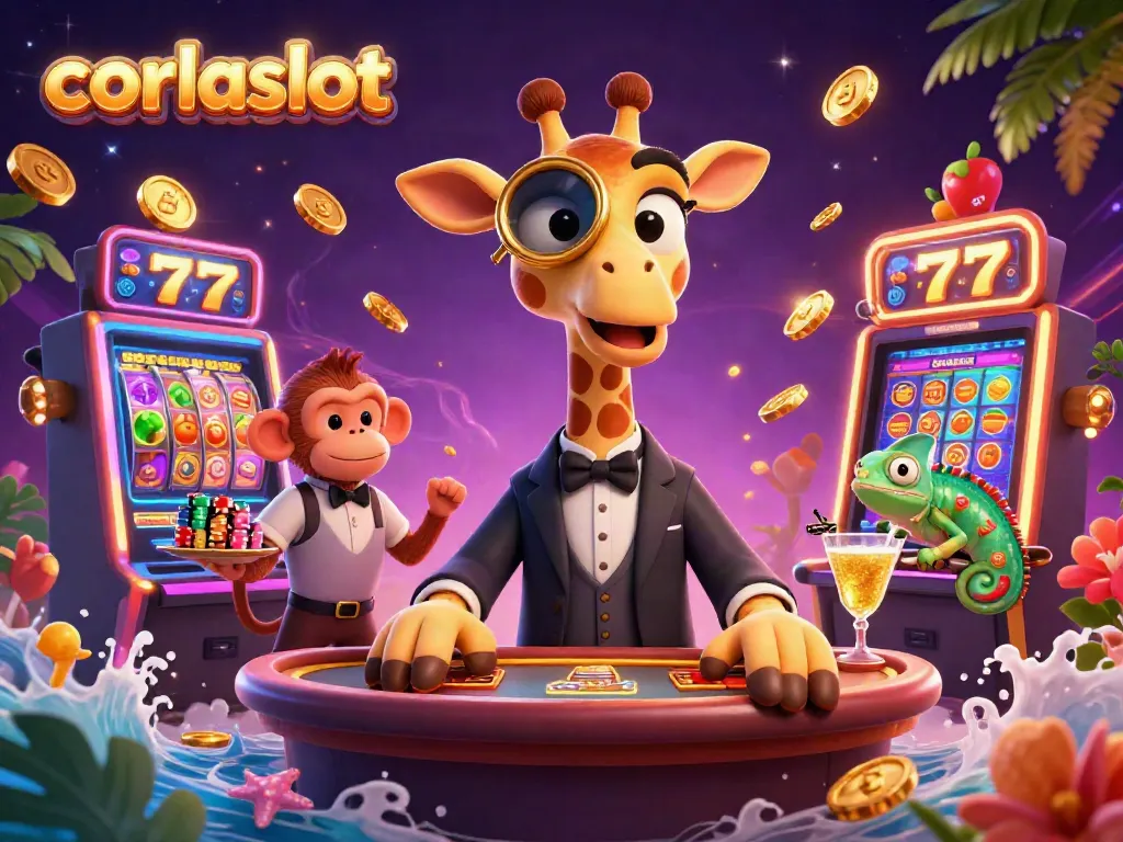 Engage with the vibrant corlaslot scene featuring cartoon giraffe, monkey, and chameleon among slot machine elements.
