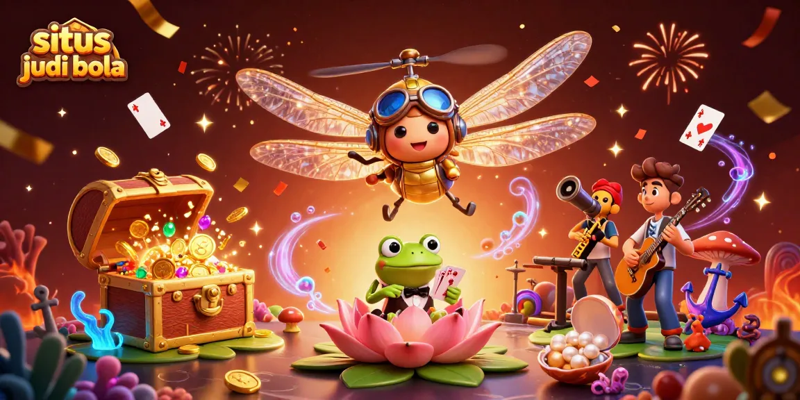 Swing into situs judi bola action with a lively scene of a dragonfly pilot and frog croupier in a vibrant lily pad casino.