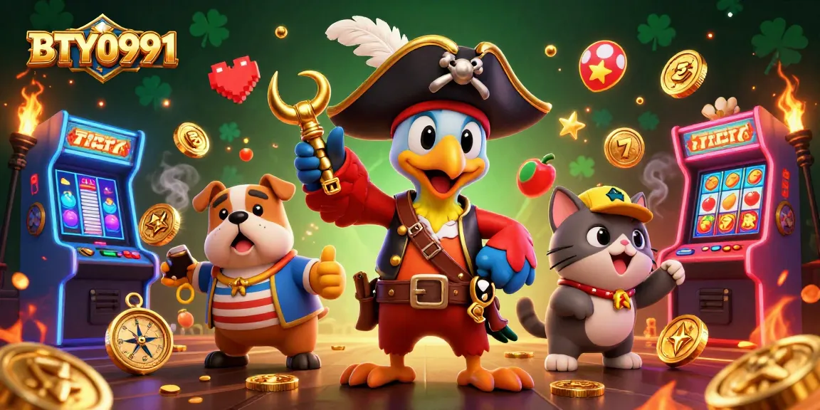 BTY0991 showcases a vibrant 3D scene of a pirate captain, bulldog first mate, and cat navigator with casino slots.