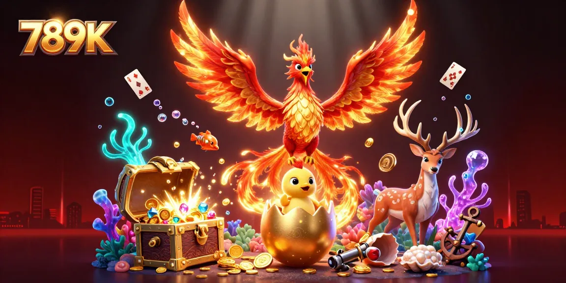 Engage in the excitement of 789K's gambling universe, featuring vibrant casino elements like golden treasures and dynamic game visuals.