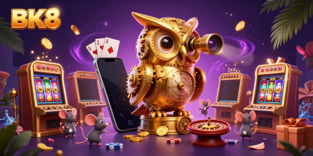 Experience excitement at BK8, featuring a golden owl and casino games amidst vibrant illustrations!