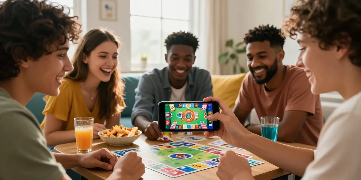Engaging group of friends playing Card Rummy on mobile at https://cardrummy.org.pk/, featuring vibrant game graphics and a lively atmosphere.