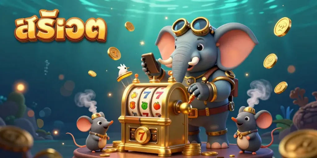 Engage with exciting สล็อต gameplay featuring a steampunk elephant at a golden slot machine in a dynamic casino illustration.