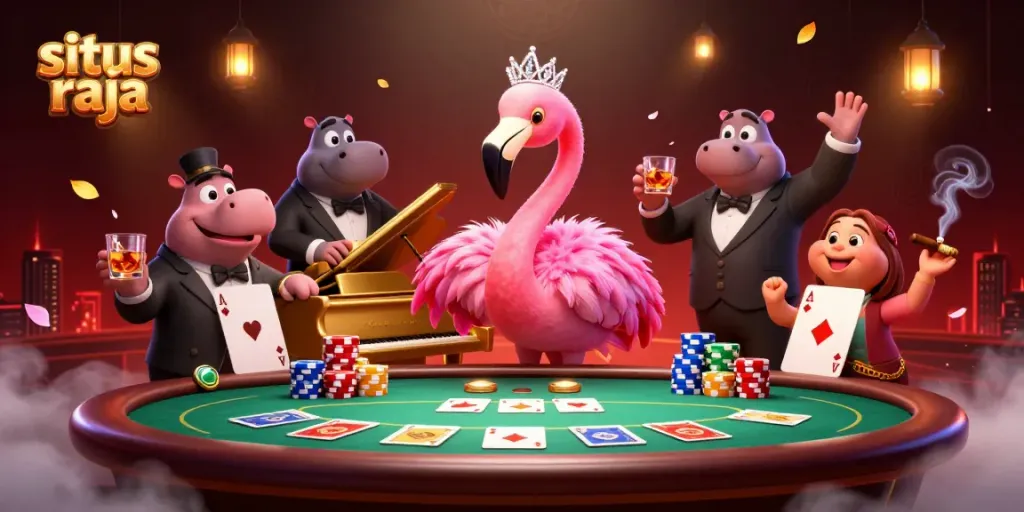 Gambarlah situs raja dengan penyanyi flamingo dan bassist hippo di kasino, menciptakan suasana meriah.