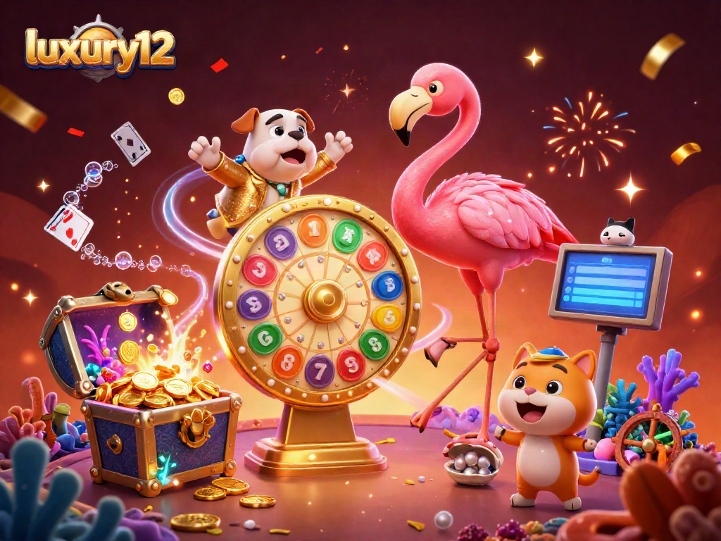 Experience excitement with luxury12 as a flamingo host spins a prize wheel amid vibrant casino elements.