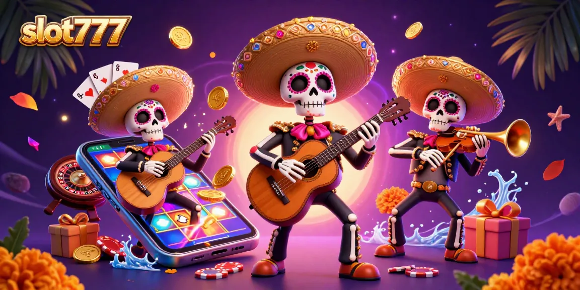 Experience slot777 excitement with vibrant mariachi band, colorful slot games, and festive casino elements.