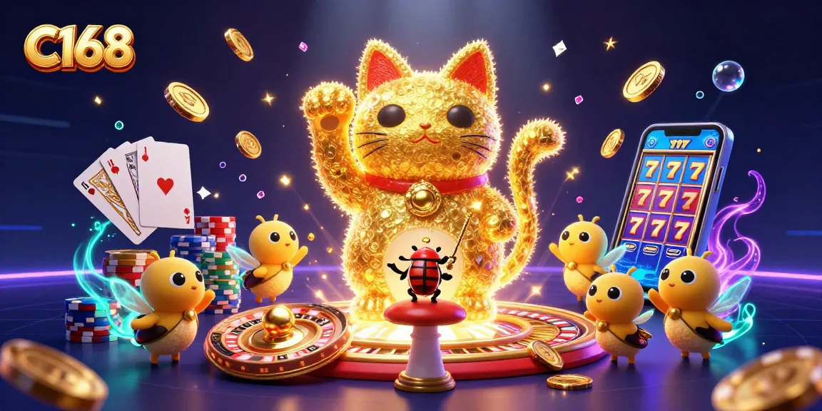 C168 showcases a vivid 3D lucky cat surrounded by casino symbols, offering thrilling gaming experiences.