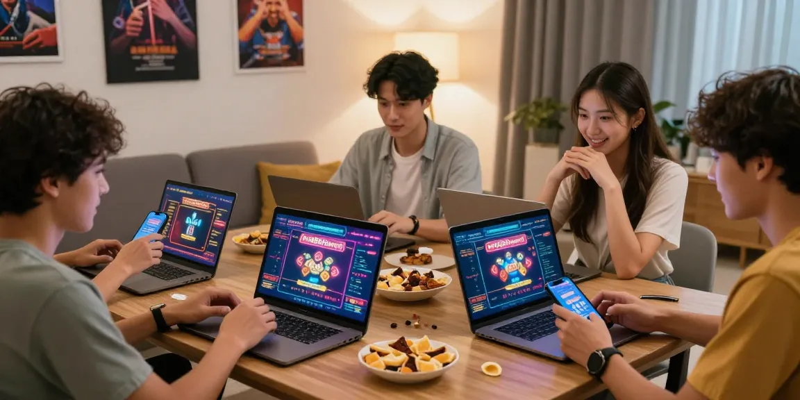 Friends enjoying online casino games with fun88thaimeth displayed on screens, creating a lively gaming atmosphere.